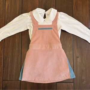 Dondolo Pink + Blue Girls Pinafore Corduroy Dress w/ White Peter Pan Collar Top